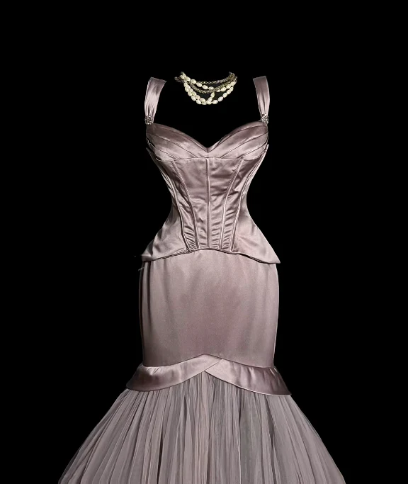 Sweetheart Neck Corset Beaded Satin Tulle Mermaid Train Evening Dresses