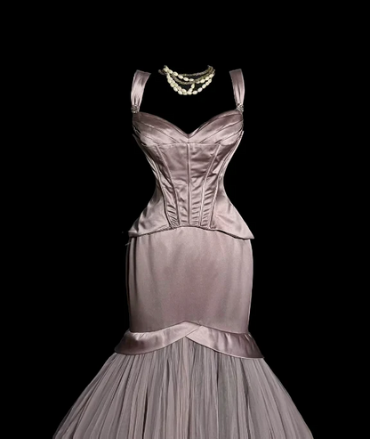 Sweetheart Neck Corset Beaded Satin Tulle Mermaid Train Evening Dresses