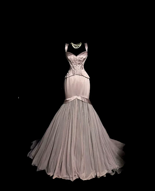 Sweetheart Neck Corset Beaded Satin Tulle Mermaid Train Evening Dresses