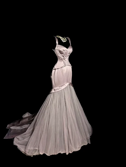 Sweetheart Neck Corset Beaded Satin Tulle Mermaid Train Evening Dresses