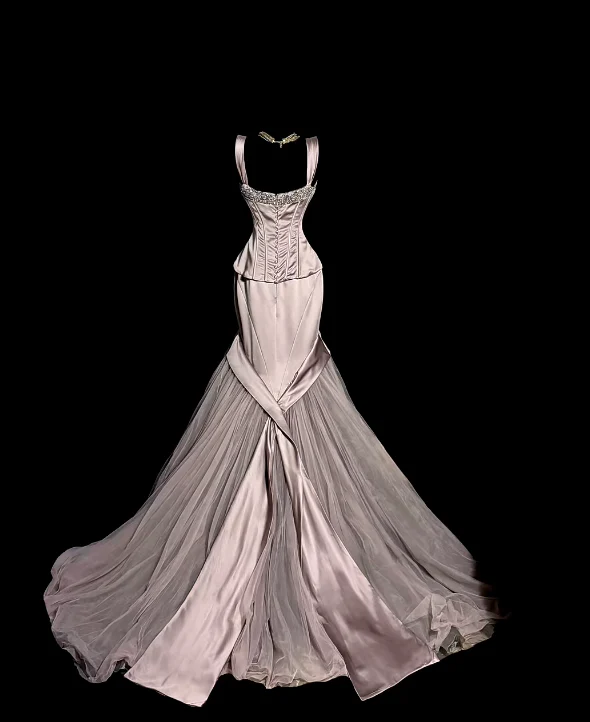 Sweetheart Neck Corset Beaded Satin Tulle Mermaid Train Evening Dresses