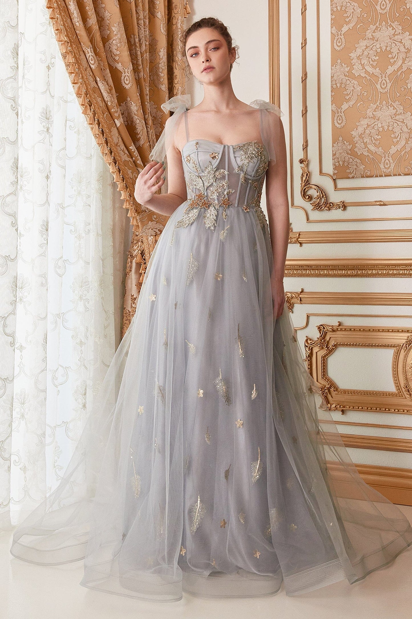 Sweetheart Neck Dusty Blue Floral Embroidered Tulle Evening Dresses with Tulle Shoulder Bows and Floor-Length Skirt