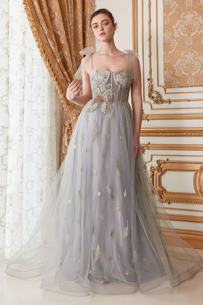 Sweetheart Neck Dusty Blue Floral Embroidered Tulle Evening Dresses with Tulle Shoulder Bows and Floor-Length Skirt