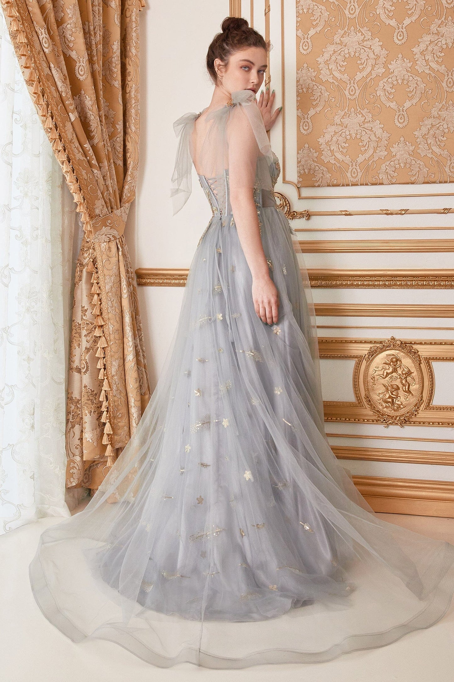 Sweetheart Neck Dusty Blue Floral Embroidered Tulle Evening Dresses with Tulle Shoulder Bows and Floor-Length Skirt