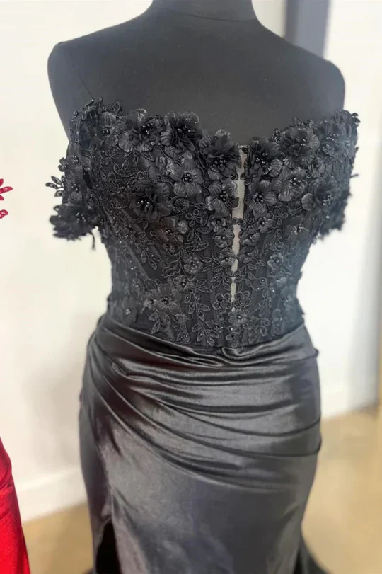 Sweetheart Neckline 3D Floral Lace Satin Mermaid Evening Dress with High Slit and Train