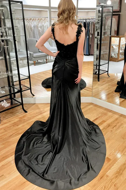 Sweetheart Neckline 3D Floral Lace Satin Mermaid Evening Dress with High Slit and Train