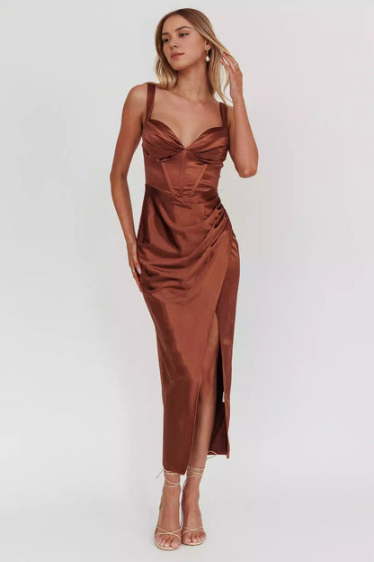 Sweet mid length bust with lining and pleated details, tight corset with zipper at the back, Bridesmaid Dresses