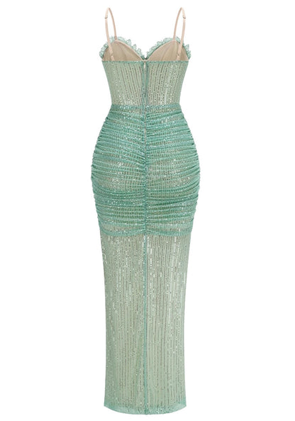 Teal Maxi Evening Dresses with Strapless Sweetheart Neck Glitter Bodice Ruched Waist High Slit and Mermaid Silhouette