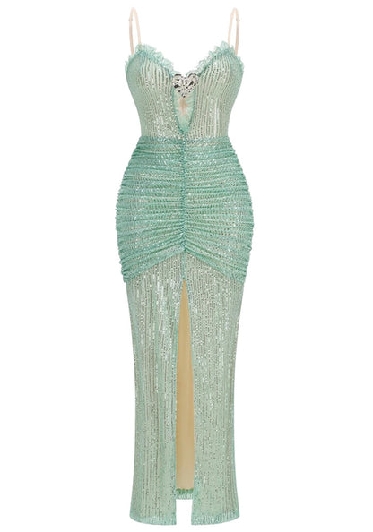 Teal Maxi Evening Dresses with Strapless Sweetheart Neck Glitter Bodice Ruched Waist High Slit and Mermaid Silhouette