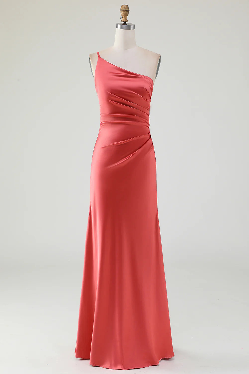 One Shoulder Pleated Long Satin Bridesmaid Dress