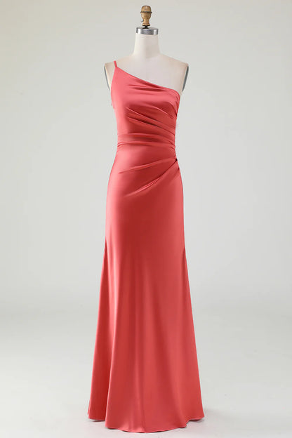 One Shoulder Pleated Long Satin Bridesmaid Dress