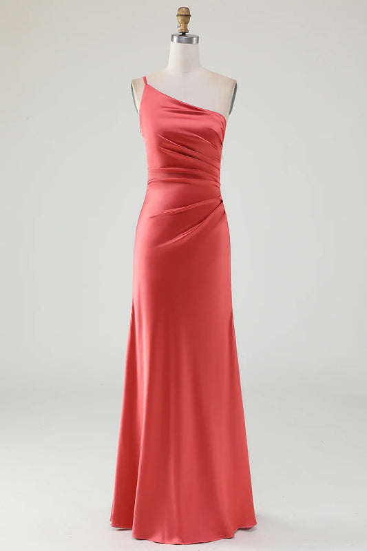 One Shoulder Pleated Long Satin Bridesmaid Dress