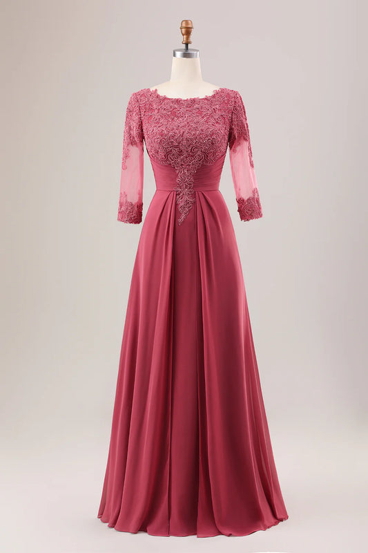 A Line Pleated Applique Mother of the Bride Dress With Long Sleeves