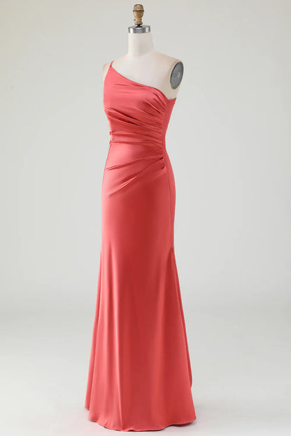 One Shoulder Pleated Long Satin Bridesmaid Dress
