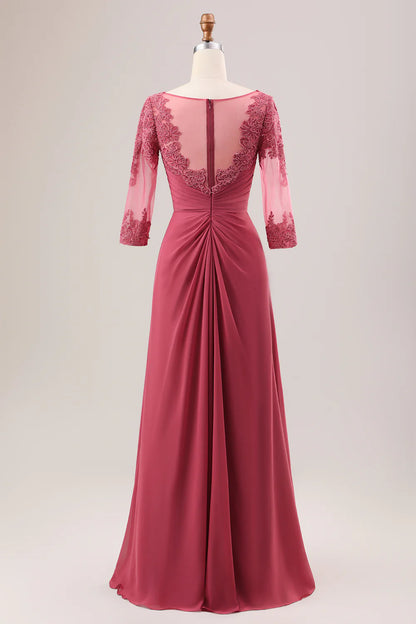 A Line Pleated Applique Mother of the Bride Dress With Long Sleeves