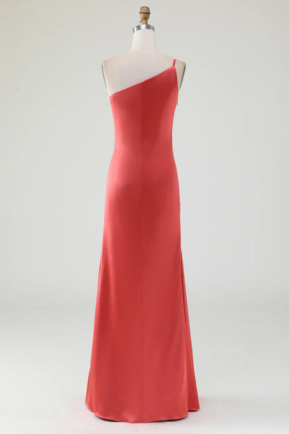 One Shoulder Pleated Long Satin Bridesmaid Dress