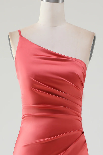 One Shoulder Pleated Long Satin Bridesmaid Dress
