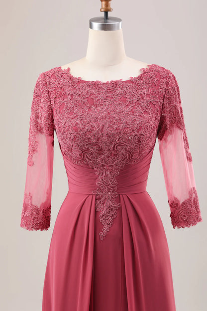 A Line Pleated Applique Mother of the Bride Dress With Long Sleeves