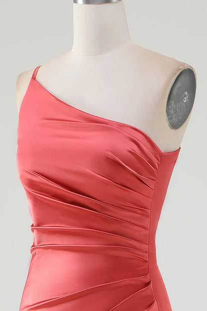 One Shoulder Pleated Long Satin Bridesmaid Dress