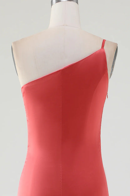 One Shoulder Pleated Long Satin Bridesmaid Dress