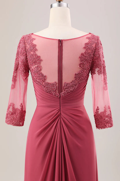 A Line Pleated Applique Mother of the Bride Dress With Long Sleeves