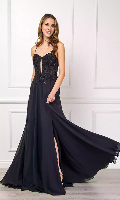 The beautiful and charming long A-line bead tight corset exudes a charming charm. The sheer fabric is hollowed out with fine straps and side slits. Prom Dresses