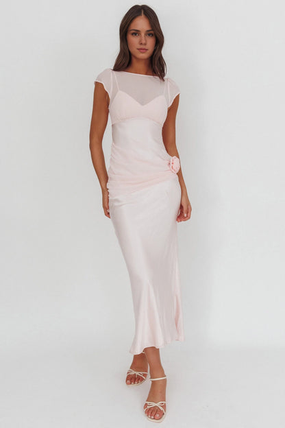 The eye-catching chiffon detail short sleeved rose knot detail with zipper on the back bridesmaid dress