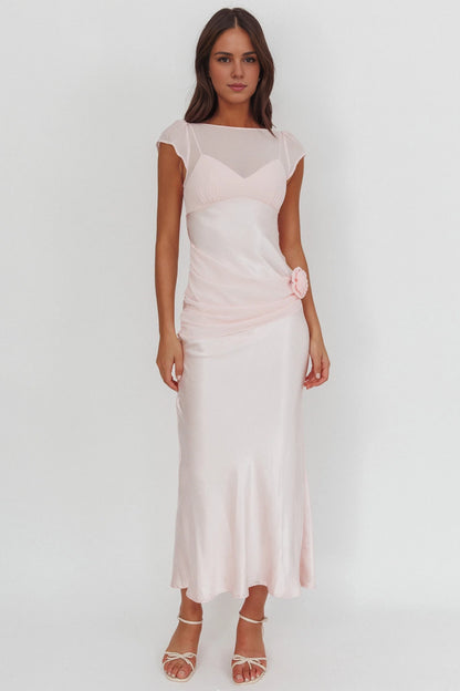 The eye-catching chiffon detail short sleeved rose knot detail with zipper on the back bridesmaid dress