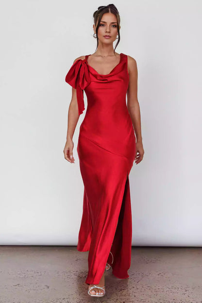 The eye-catching mid length unlined lace up shoulder side slit with zipper on the side Bridesmaid Dresses