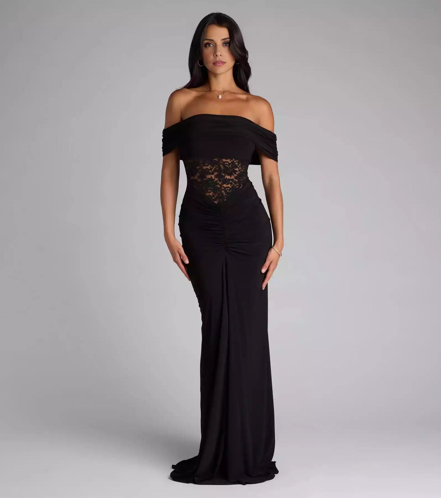 The eye-catching off shoulder lapel sheer lace tight corset with pleated mermaid silhouette and floor skirt Prom Dresses