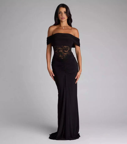 The eye-catching off shoulder lapel sheer lace tight corset with pleated mermaid silhouette and floor skirt Prom Dresses
