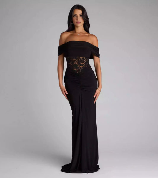 The eye-catching off shoulder lapel sheer lace tight corset with pleated mermaid silhouette and floor skirt Prom Dresses