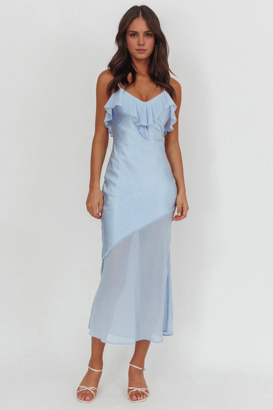 The eye-catching ruffled neckline, see through hem, ruffled mid length bridesmaid dress