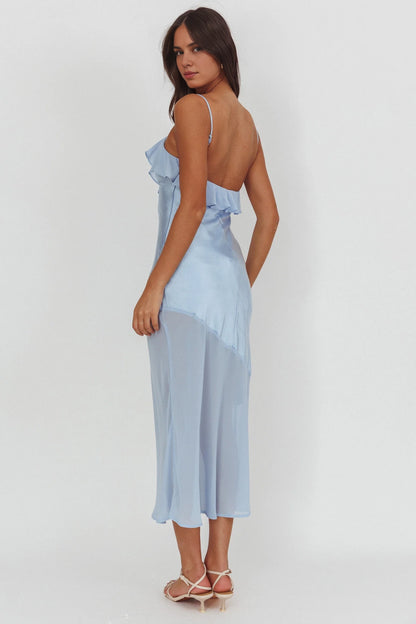 The eye-catching ruffled neckline, see through hem, ruffled mid length bridesmaid dress