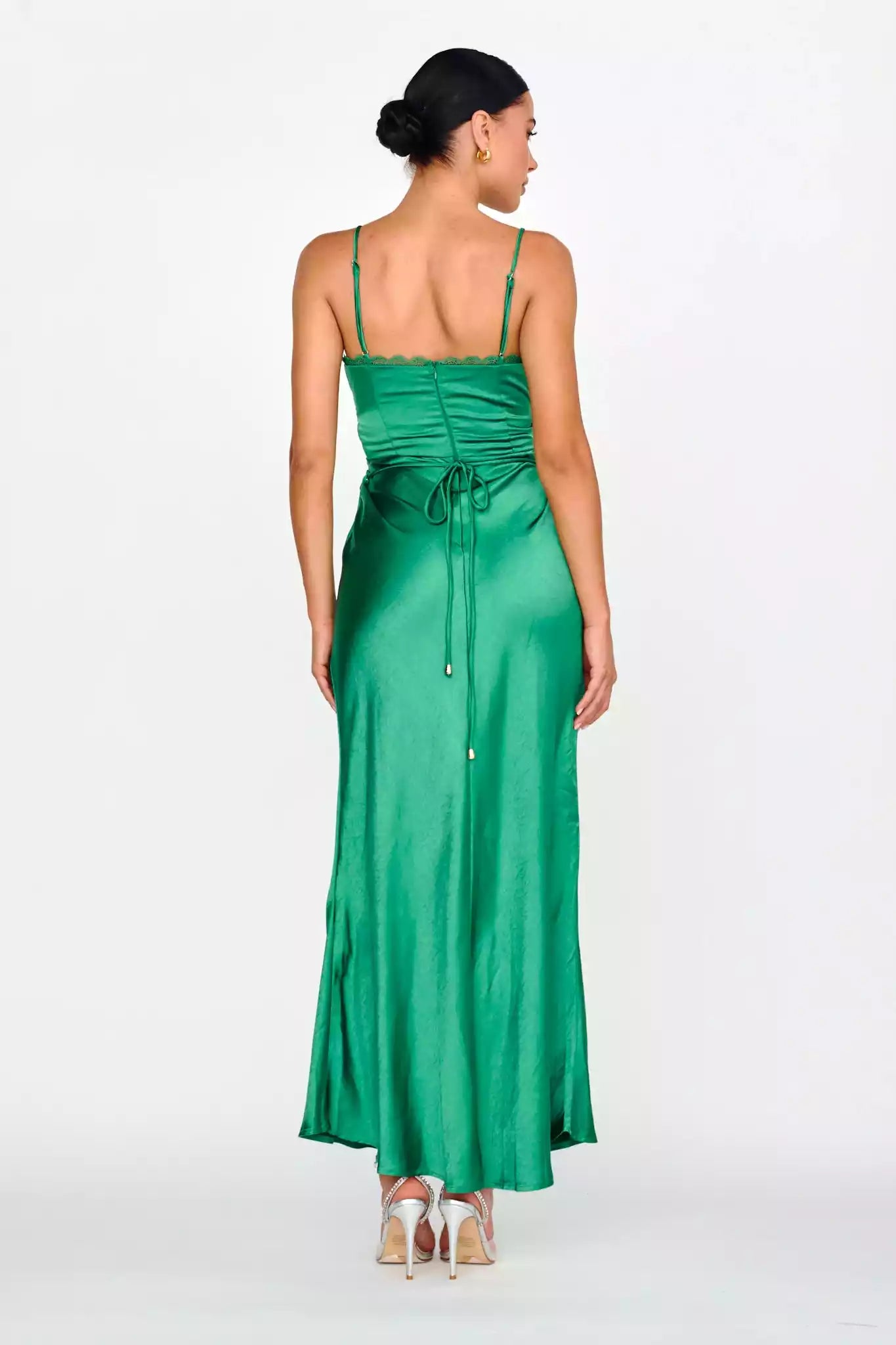 The eye-catching satin extra long lining with lace edges and adjustable straps, featuring a zipper at the back and Bridesmaid Dresses