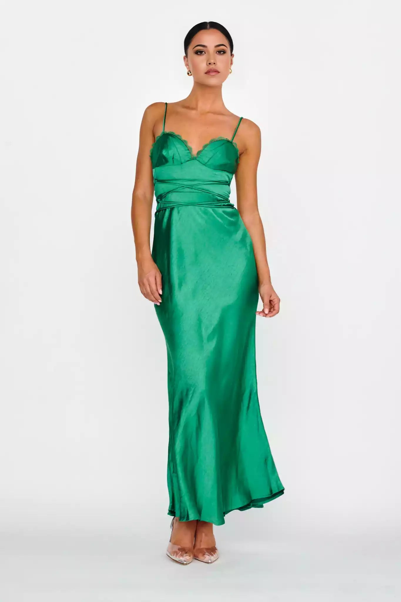 The eye-catching satin extra long lining with lace edges and adjustable straps, featuring a zipper at the back and Bridesmaid Dresses