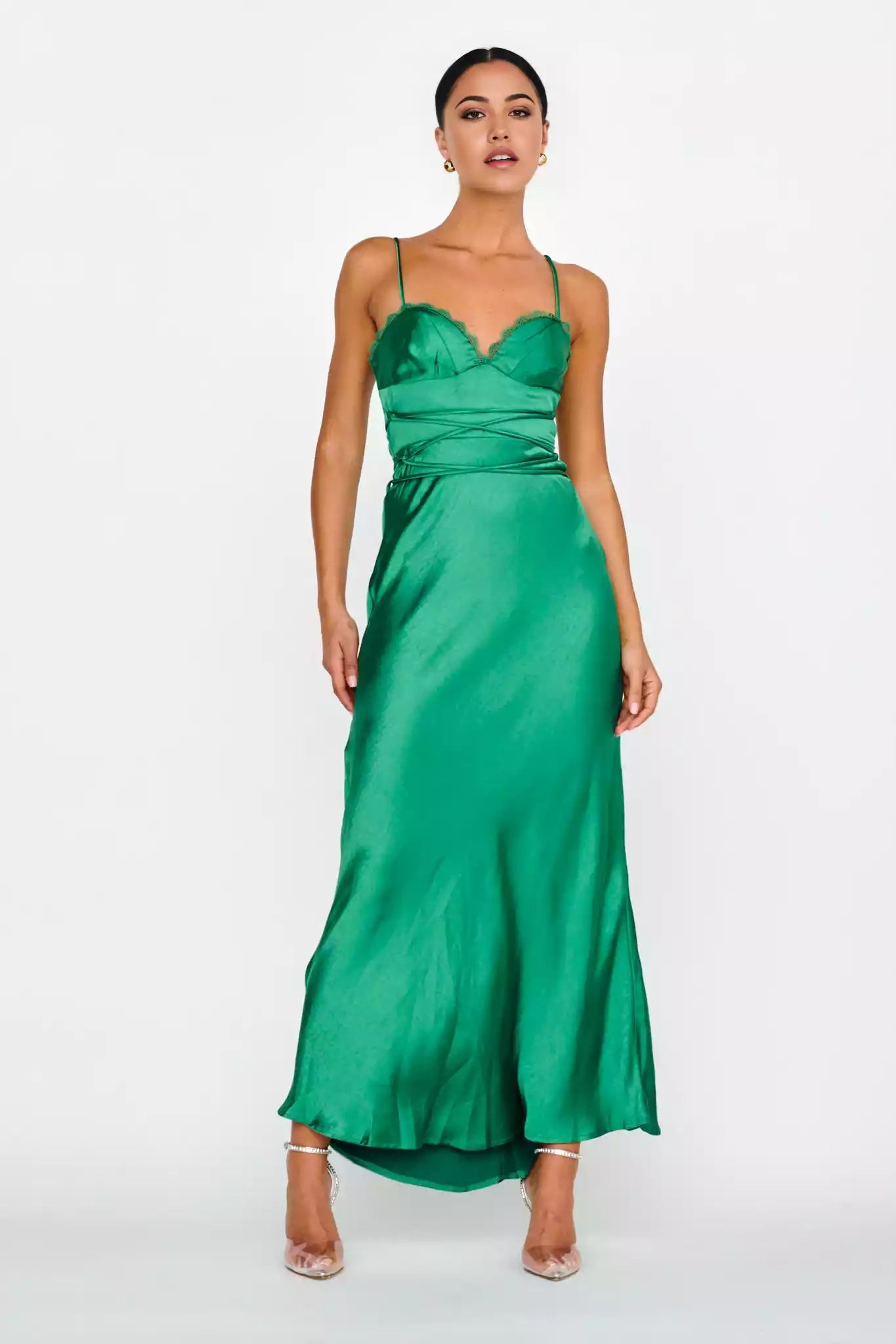 The eye-catching satin extra long lining with lace edges and adjustable straps, featuring a zipper at the back and Bridesmaid Dresses