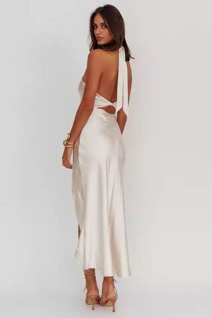 The eye-catching satin hanging neck with a long leg slit and an unlined invisible side zipper Bridesmaid Dresses