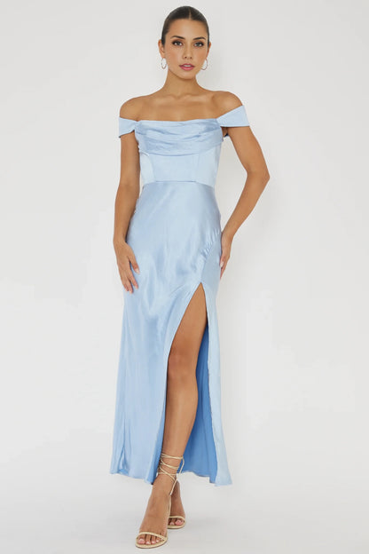 The eye-catching satin long low waist invisible zipper off shoulder V-back bridesmaid dress