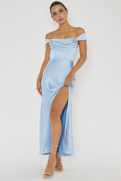 The eye-catching satin long low waist invisible zipper off shoulder V-back bridesmaid dress