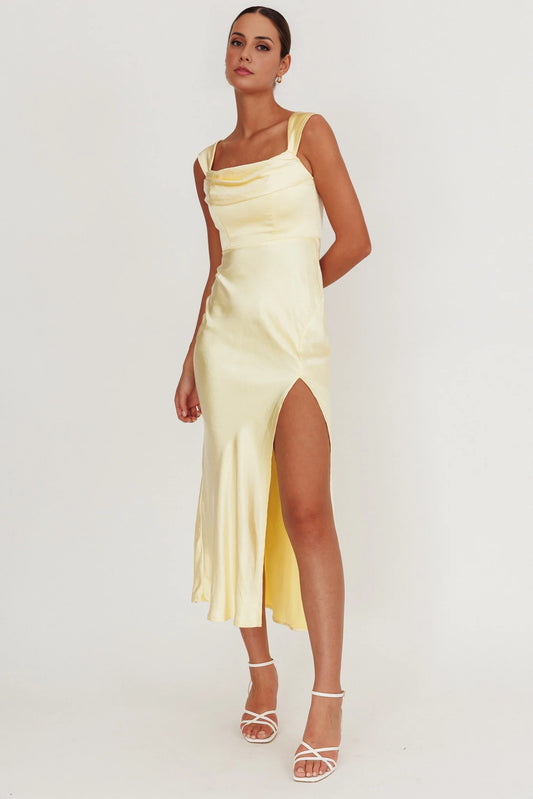 The eye-catching satin long unlined off shoulder low waist V-back front slit invisible zipper bridesmaid dress