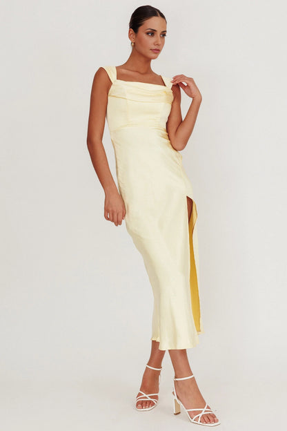 The eye-catching satin long unlined off shoulder low waist V-back front slit invisible zipper bridesmaid dress