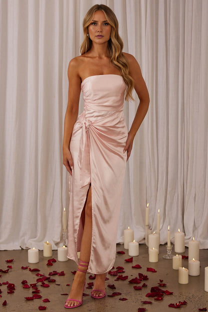 The eye-catching satin medium length strapless style features a waist tie with a front slit and a back zipper bridesmaid dress