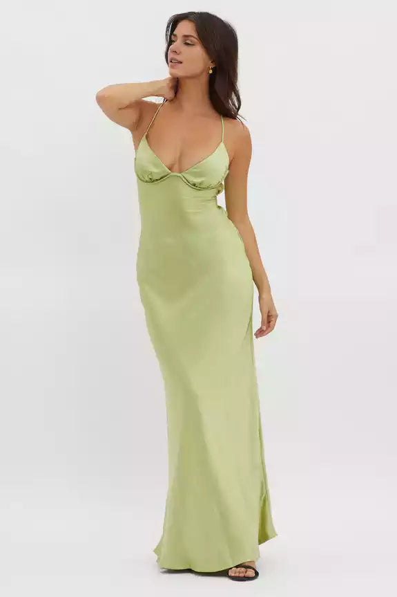 Stunning appearance of ultra long backless lace up satin back with zipper Bridesmaid Dresses