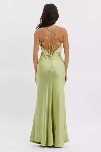 Stunning appearance of ultra long backless lace up satin back with zipper Bridesmaid Dresses