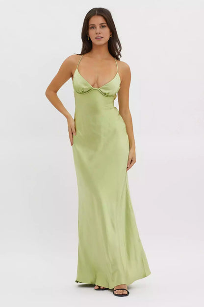 Stunning appearance of ultra long backless lace up satin back with zipper Bridesmaid Dresses