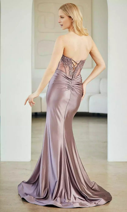 The stunning strapless long sheer corset with tight back straps, high slit, and small tail adds elegance to the Prom Dresses