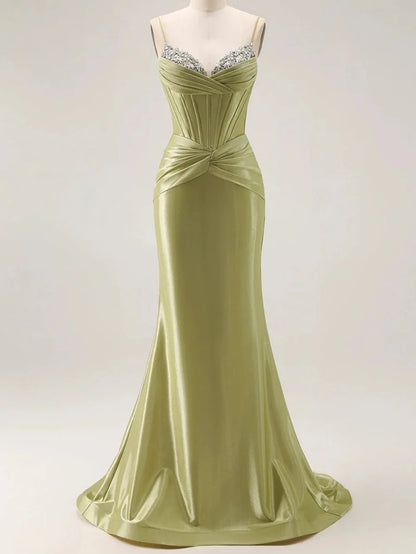 Spaghetti-Strap Satin Evening Dress with Crystal-Embellished V-Neck, Corset Bodice & Mermaid Train