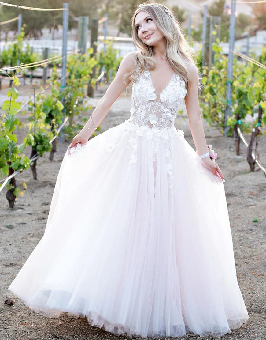 Thin gauze sticker handmade flower V-neck long ball dress