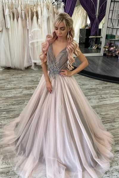 Sheer rolled edge A-line V-neck dance dress